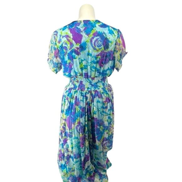 Ashro Lavita Blue Floral V-Neck Dress 1X 16/18 Smocked Waist Short Sleeve - Picture 10 of 16